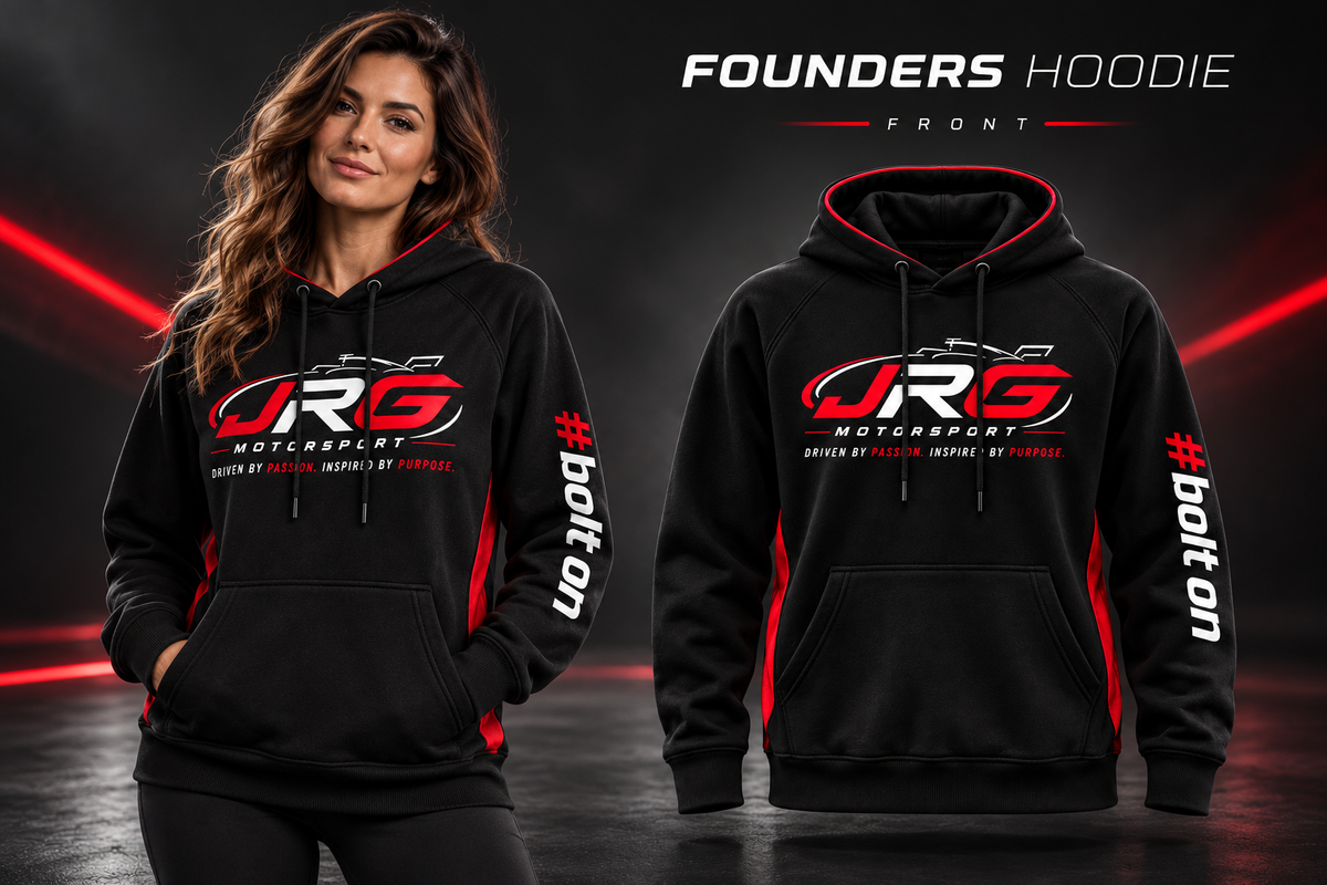 Model wearing the Founders Hoodie beside its front design view