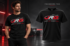 Model wearing the Founders Tee beside its front design view