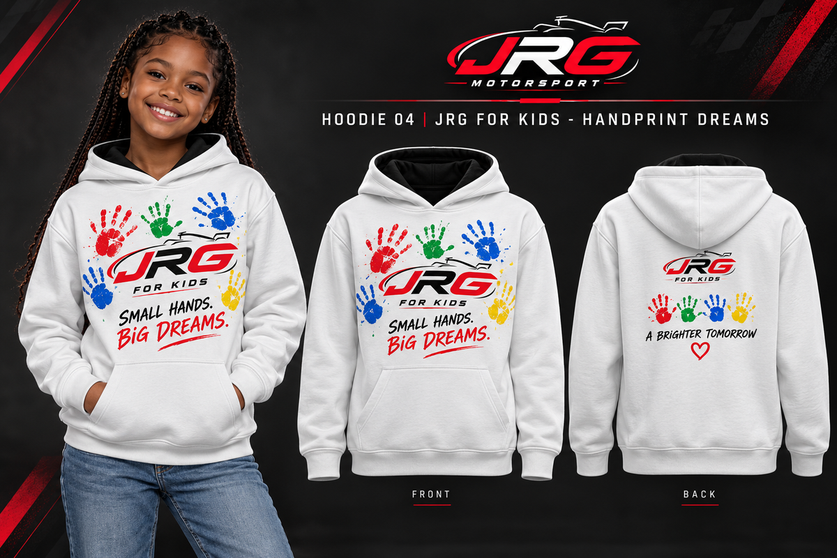 Model wearing the Handprint Dreams Kids Hoodie with front and back design views