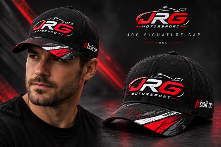 Model wearing the JRG Signature Cap beside its front design view